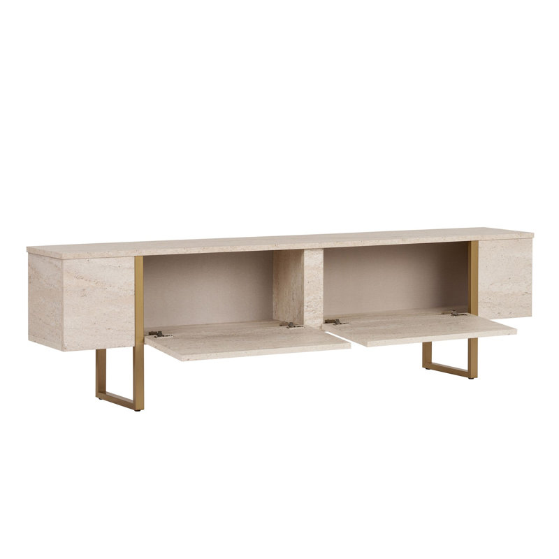 Modern TV Stand with Glam Design, Travertine & Gold Finish, 70.9 x 19.7 x 11.8 inches | 100% Melamine Coated Particle Board, Thickness: 0.7 inches | Stylish & Functional Storage Solution for Living Room, Elegant Marble Look