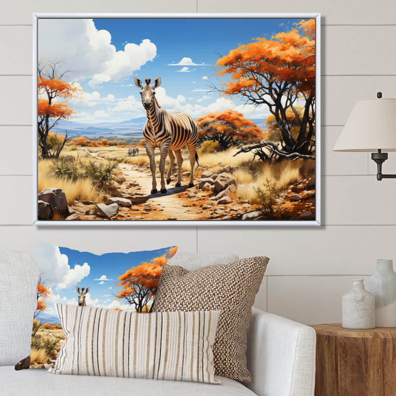 " African Savannah Stroll III ", 16" H x 32" W x 1" D, White Floater Framed