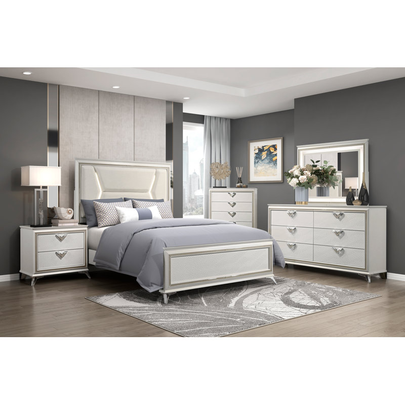 1Pc Modern Luxury Queen Bed Upholstered Headboard With LED Lighting Wooden Bedroom Furniture Antique White Finish And Gold