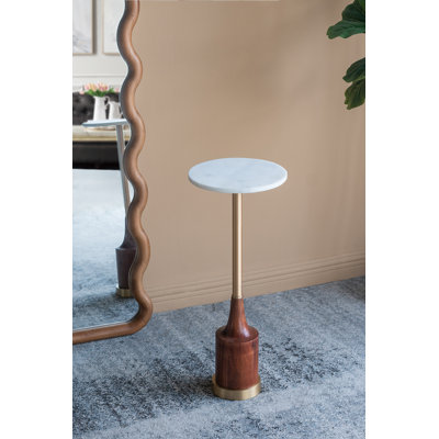 Round Side Table with Marble Top & Wooden Base - 9.5"Dia. - White/Gold/Brown