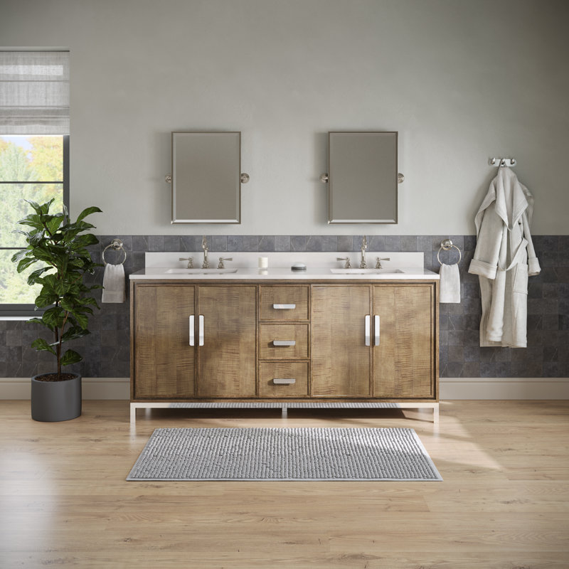 Brookhn 72 In. Double sink Quartz top Bath Vanity in Lustrous Walnut with Hook Faucet and Mirror, Faucet Included