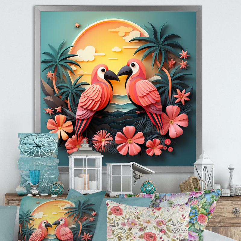 Toucans roses roses - art mural oiseau, H 16 po x l 16 po, Argent