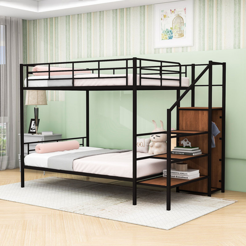 Metal Bunk Bed With Staircase And Wardrobe, Black, Full