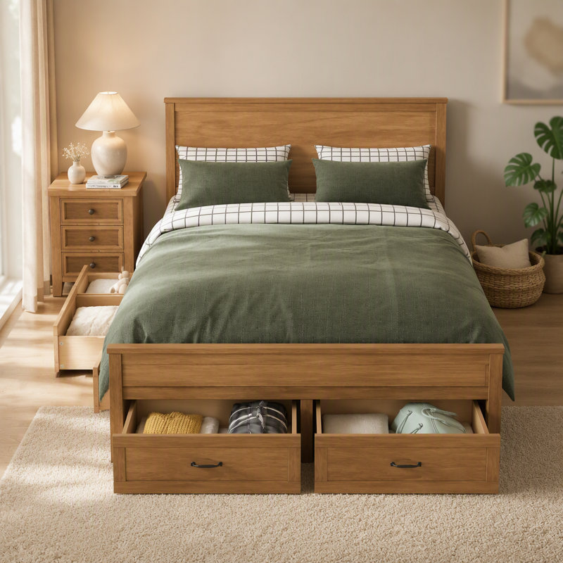 Structure de lit avec rangement moderne en bois avec 6 tiroirs, lit plateforme avec support en lattes de bois, Dérive en mer