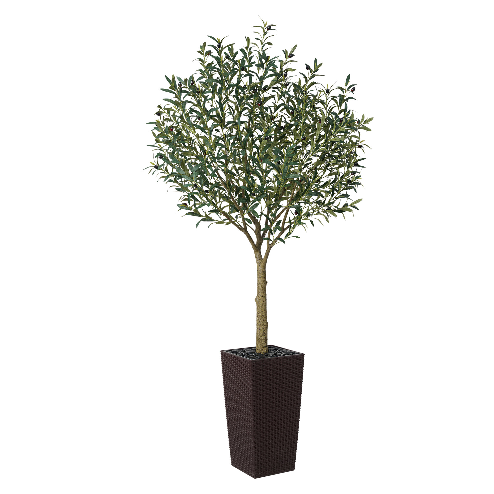 Altera UV Resistant Artificial Olive Tree for Indoor & Outdoor Decor, Large Plastic Base with Pebbles, Brown