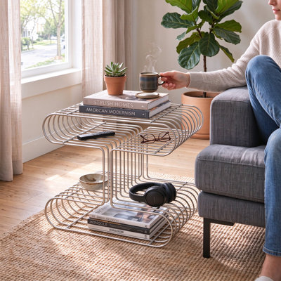 Modern Silver Metal Side Table with Magazine Rack, H-Shape End Table with Open Storage Shelf for Living Room, Bedroom and Office