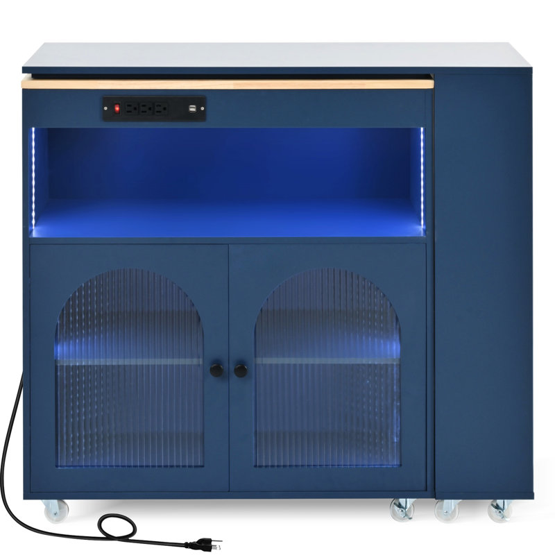 Rolling Kitchen Island With Storage, Navy Led , Cabinet On Wheels Lights, Power Sockets, Fluted Glass Door, Blue, Navy Blue