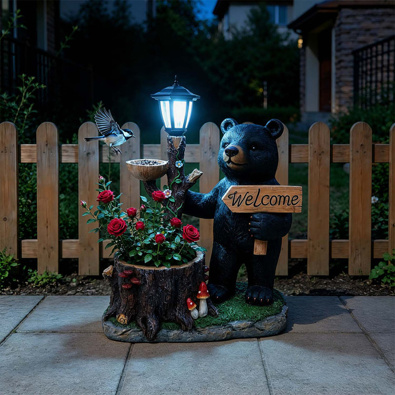 Figurine décorative d'extérieur en forme d'ours noir avec lanterne à énergie solaire