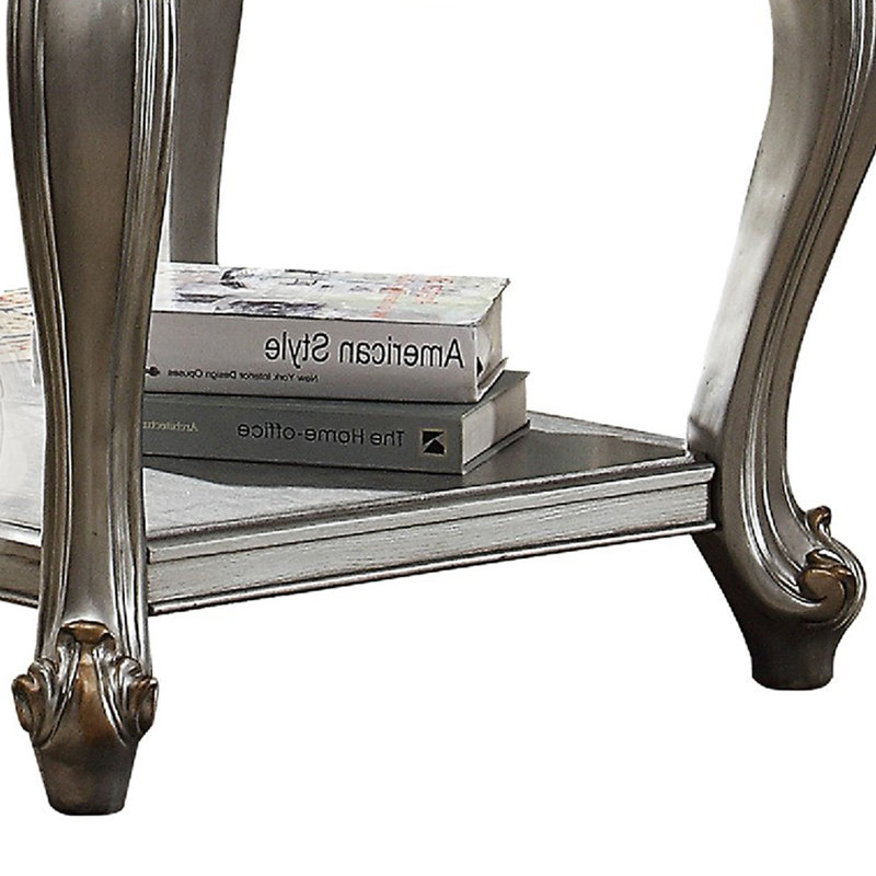 Vestavia  Side End Table, Scalloping, Polyresin Carvings and Bottom Shelf, Silver, Silver
