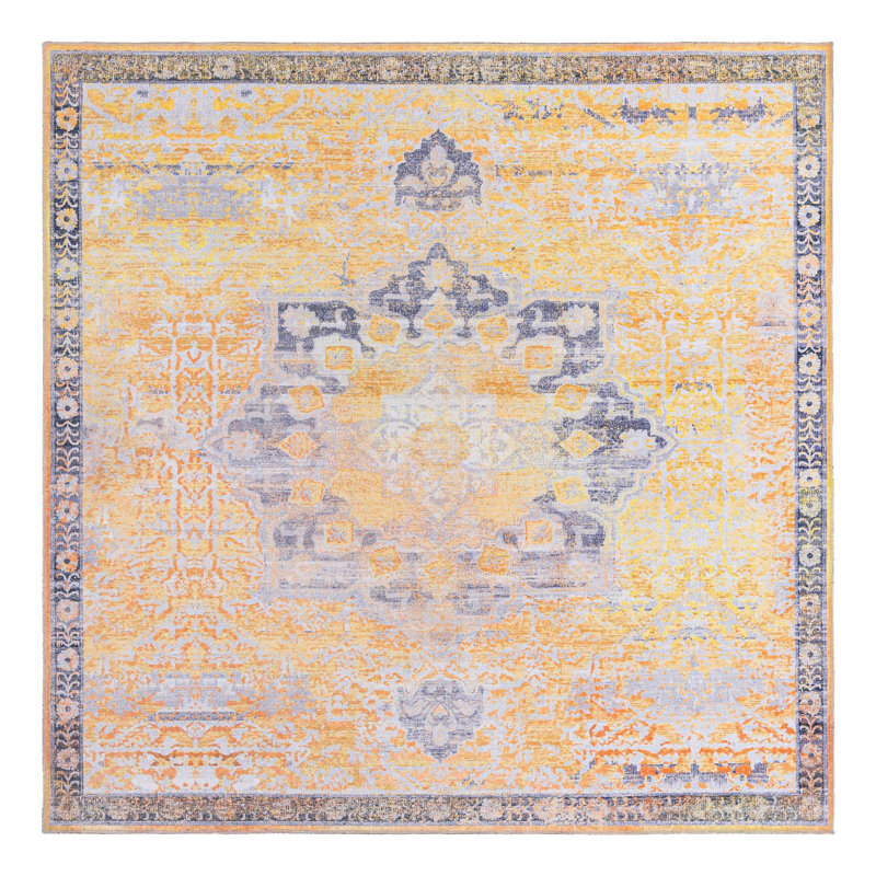Tapis oriental bleu / jaune Hymel, Carré 7 pi 10 po x 7 pi 10 po