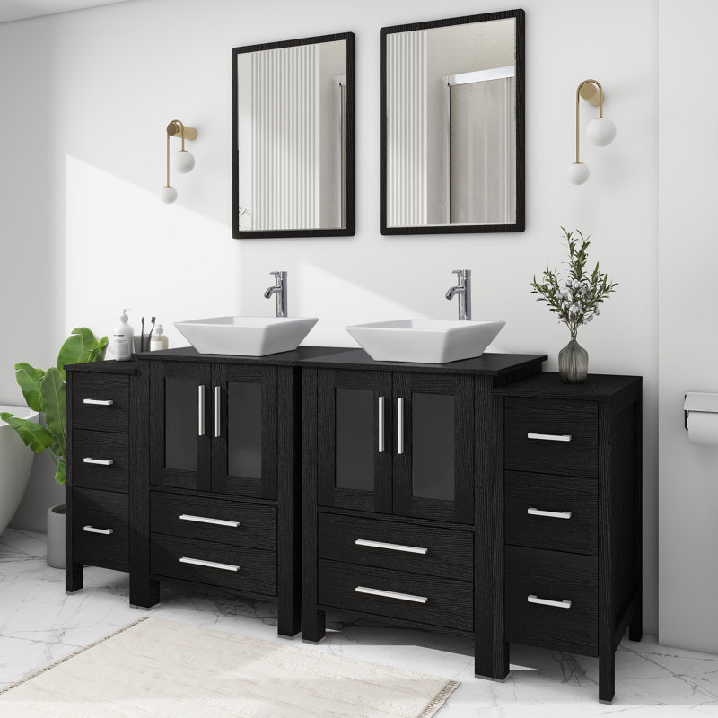 Ensemble de meuble-lavabo double 72 "avec dessus de vasque en céramique , robinets , Noir, Noir