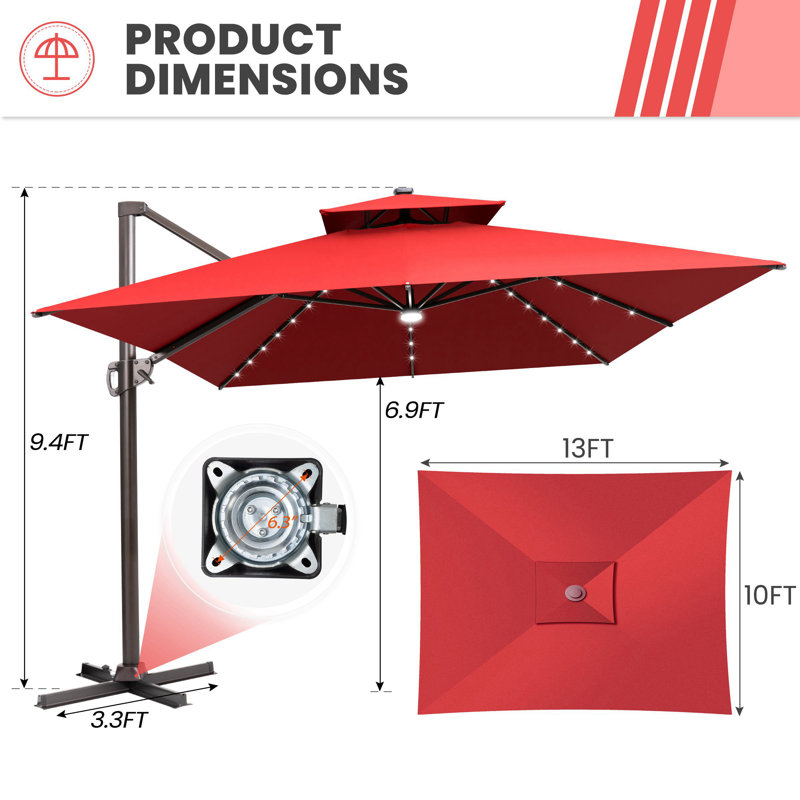 Parasol en porte-à-faux 13 pi 10 pi avec lumières DEL, base lestée non inclus, Rouge