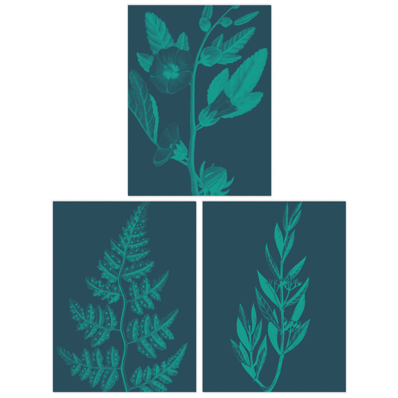 Teal Turquoise Leaves Plant Frond And Tree Blooms Botanical - 3 Piece No Frame Print Set, 40.5cm H x 30.5cm W x 0.3cm D