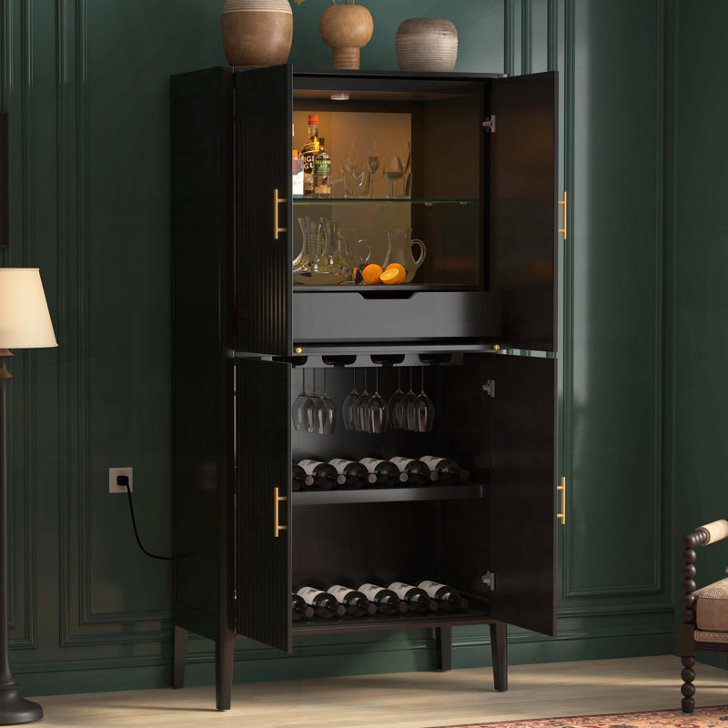 Armoire à vin cannelée moderne avec éclairage DEL, Black