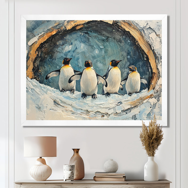 «Penguin Family In A Winter Landscape», reproduction sur toile de pingouin, Reproduction d'une seule photo avec cadre, Blanc