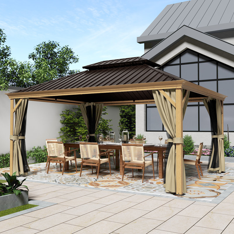 Aluminum Patio Gazebo, Gray/Brown, 12' W x 16' D, Wood Grain