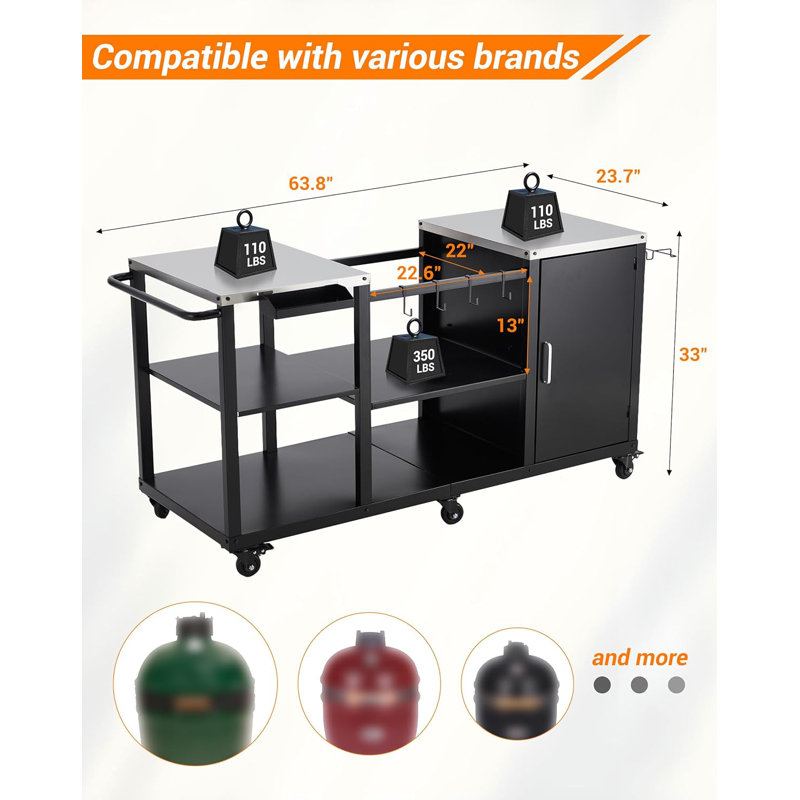 Grill Table For Egg Style Kamado Griller, Heavy Duty Outdoor Grill Station Prep Table With Storage, Garbage Bag Holder, Hooks, Paper Towel Rack, Wheels, Compatible With Egg Kamado Griller