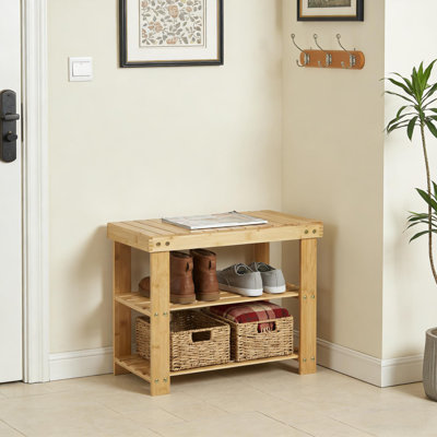 Banc à chaussures en bambou avec tablette de rangement à 2 niveaux pour hall d'entrée et salon