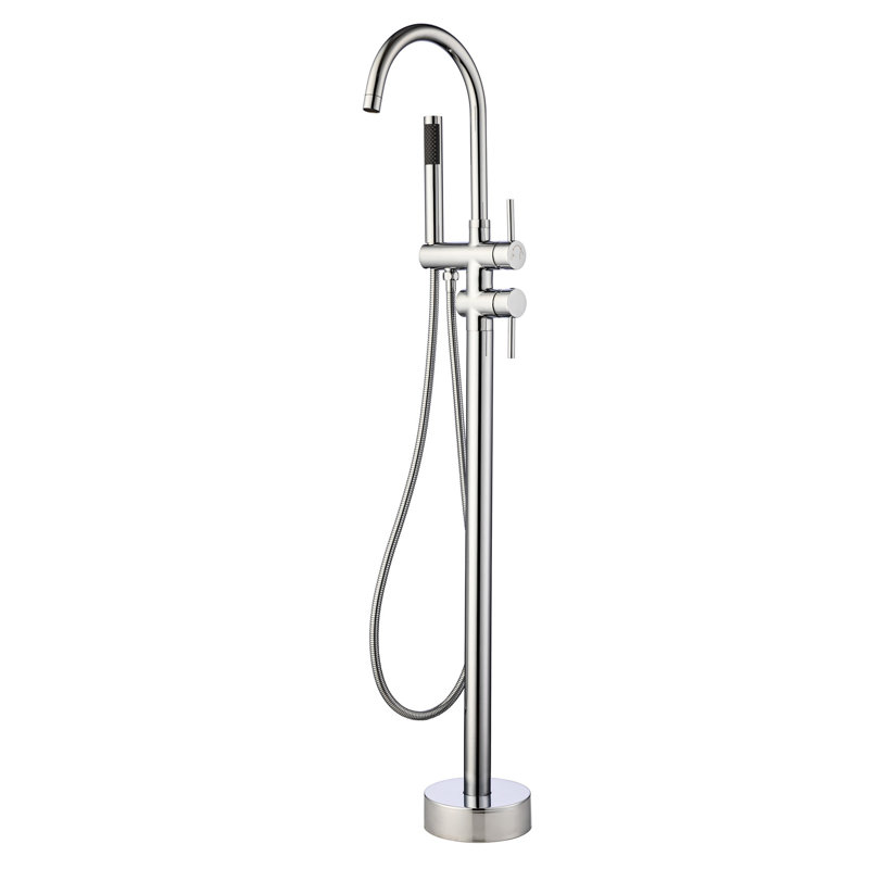 Robinet de baignoire avec douche à main, modèle fixé au sol, poignée simple, bec rotatif à 360 °, disque d'égouttement en céramique, matériau en acier inoxydable, disque pivotant, fabrication