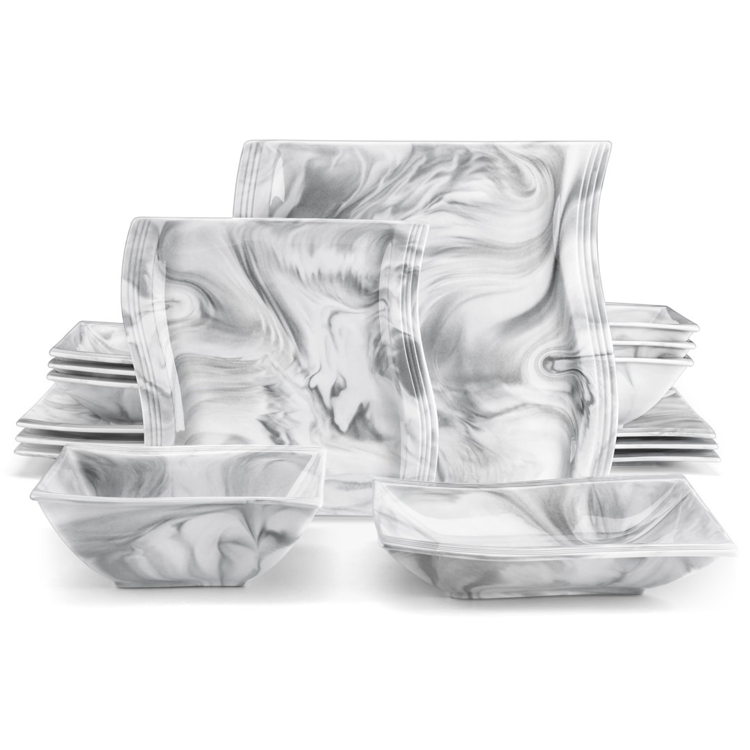 16-Piece Marble Grey Porcelain China Dinnerware Set, Service For 4