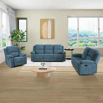 Ensemble de canapé inclinable manuel 3 pièces bleu clair avec console, table rabattable et porte-gobelets