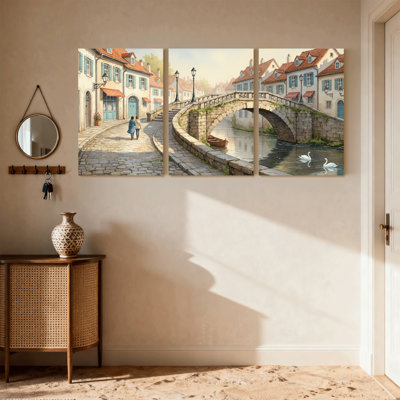 Scenic &Cityscapes Charming European Town With Bridge And Canal Set of 3 Canvas Wall Art Prints