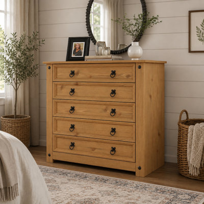 Stephania 5 Drawer 89Cm W Solid Pine Wood Chest of Drawers Corona Design