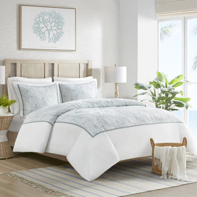 Housse de couette 200 fils à très grande densité de tissage - broderie foncée, fermeture à boutons, 2 taies décoratives, 4 attaches intérieures, mini-lit très grand Collection Harbor House Bay, 100% coton, accent bleu, fermeture sur toute la surface