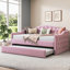 Lit plateforme avec couchette gigogne escamotable, lit simple en velours rose classique avec port USB intégré et ports de charge de type C