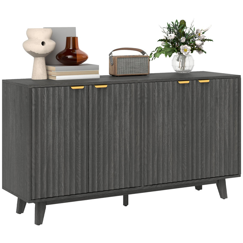 Buffet cannelé, armoire décorative moderne 55 po avec 4 portes, 2 tablettes réglables et 5 pieds en bois, Gris