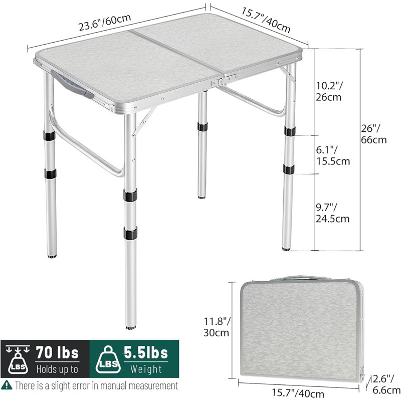 Small Folding Table 2 Feet, Small Foldable Table Adjustable Height, Lightweight Portable Aluminum Camping Table, 3 Heights, 23in x 15 in x 10 in