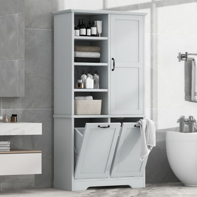 Armoire de rangement autoportante avec panier à linge inclinable, tiroirs et tablette réglable, gris | Idée de cadeau