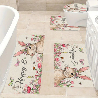Floral Crown Bunny, Bath Rug Set of 4 for Bathtub, Sink