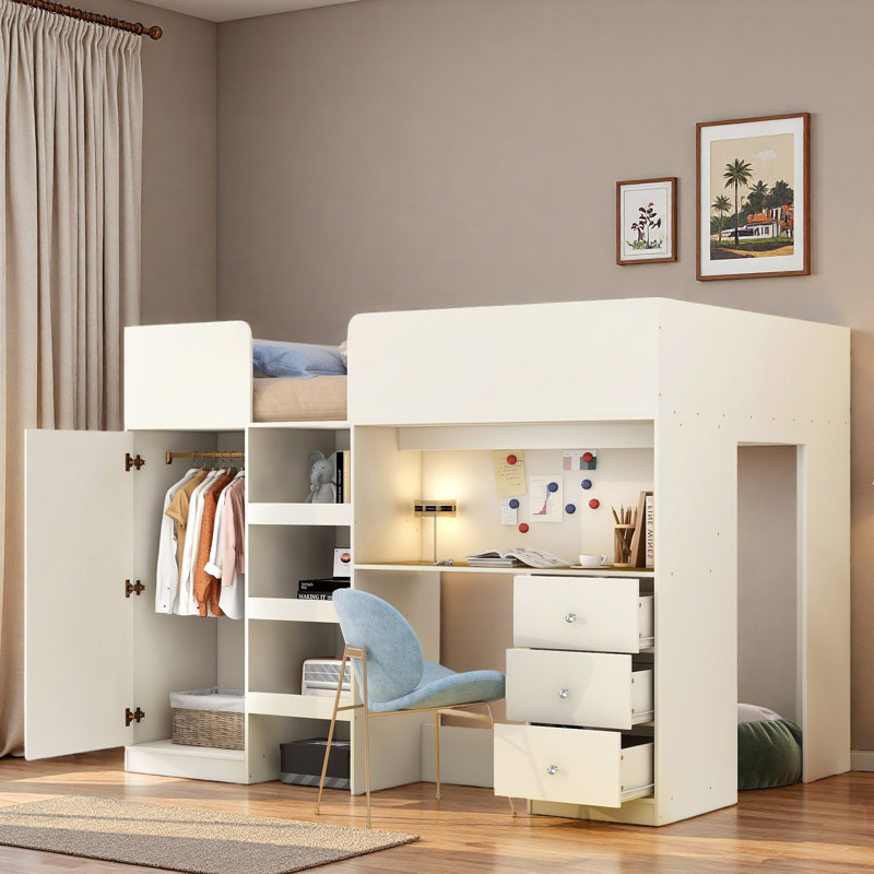 Lit mezzanine avec garde-robe intégré, bureau, tablettes de rangement et tiroirs, Beige