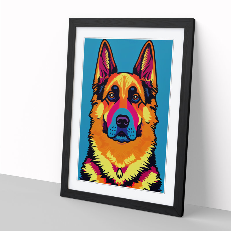 German Shepherd Pop - Wall Art, 64cm H x 46cm W x 2cm D, Black Framed Paper, White