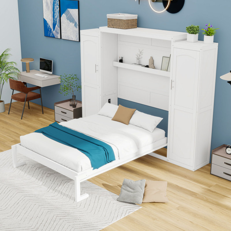 Lit plateforme en bois avec deux armoires Murphy, Double