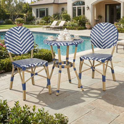 3-Piece Outdoor Aluminum&Rattan French Bistro Set, Navy Blue Patio Dining Sets With Bamboo Finish