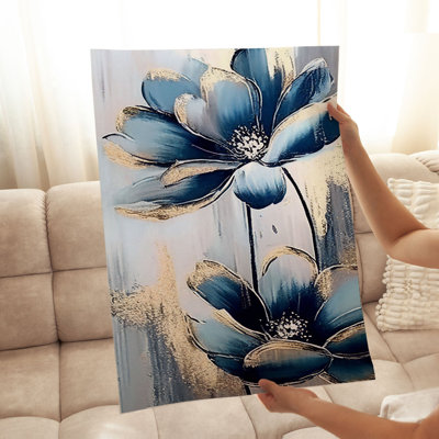 Floral Blue and Gold Flowers Modern Unframed Art Print