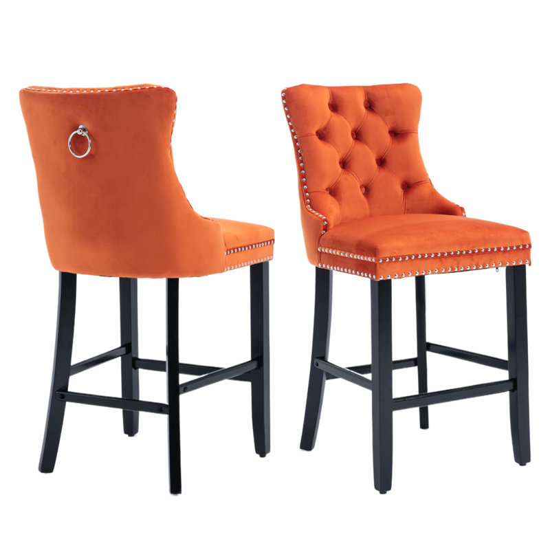 Modern Velvet Upholstered Bar Stools, Orange