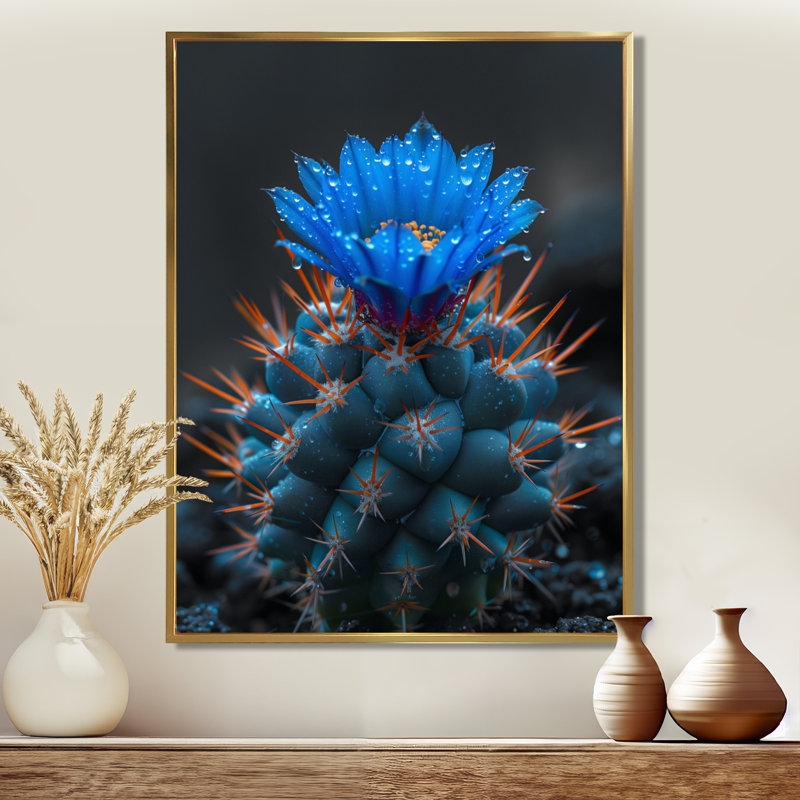 Cactus bleu et noir clair de lune, désert, rêve II - art mural floral cactus, Toile avec cadre flottant or