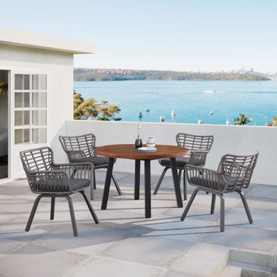 Bartha 5-Piece 45" Acacia Wood Round Patio Dining Set with Wicker Chairs