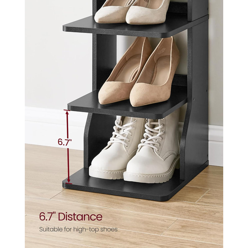 7 Tier Vertical Shoe Rack, Narrow Shoe Storage Organizer With Hooks, Slim Wooden Corner Shoe Tower Rack, Robust And Durable, Space Saving For Entryway And Bedroom