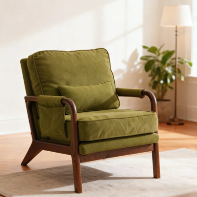 Mid Century Solid Wood Accent Chair Upholstered Armchair with Pillow and  storage Bag