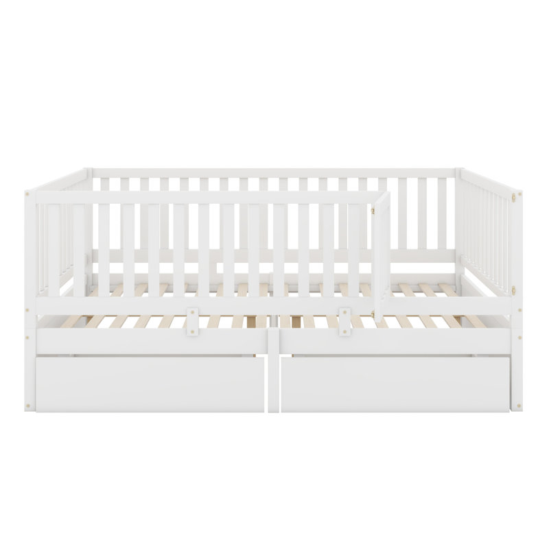 Wood Daybed With Fence Guardrails,Drawers And Split Into Independent Floor Bed, White, Twin