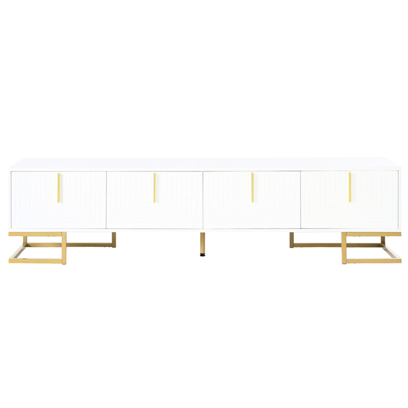 Meuble télé blanc et doré avec pieds réglables en métal, console à tablettes géométriques 80 po