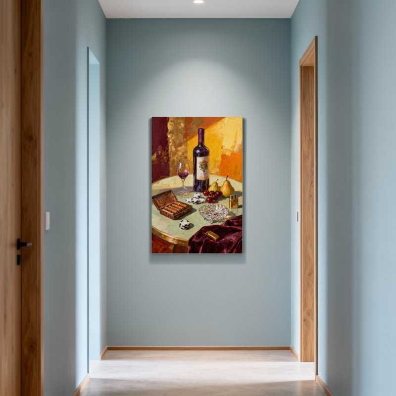 Mode nature morte avec vin et cigares, H 28 po x l 40 po