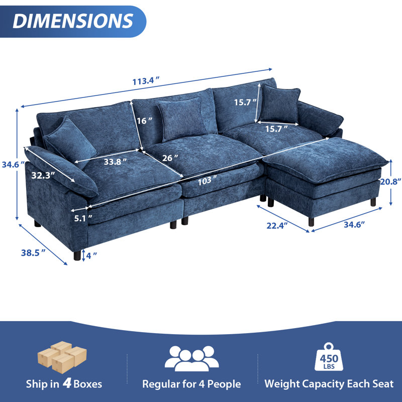 Canapé modulaire rembourré en L avec repose-pieds, Chenille bleu, H 34,6 po x l 111,8 po x P 57,8 po