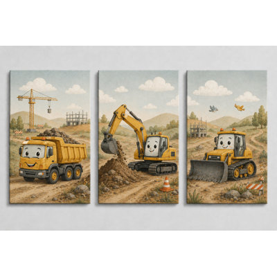 Large Set of 3 Construction Truck Wall Art Canvas Prints, Cute Excavator Bulldozer Decor for Boys Bedroom 16x24 Inch Canvas Print - Ready to hang