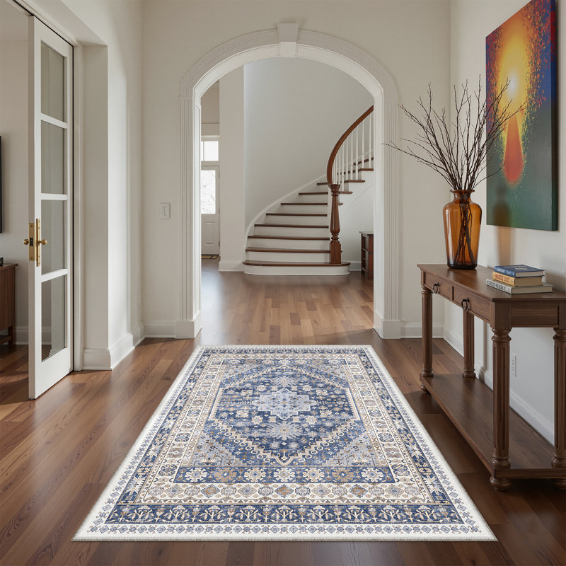 Machine Washable Oriental Floral Non Slip Indoor Area Rug, Blue, Rectangle 80cm x 150cm