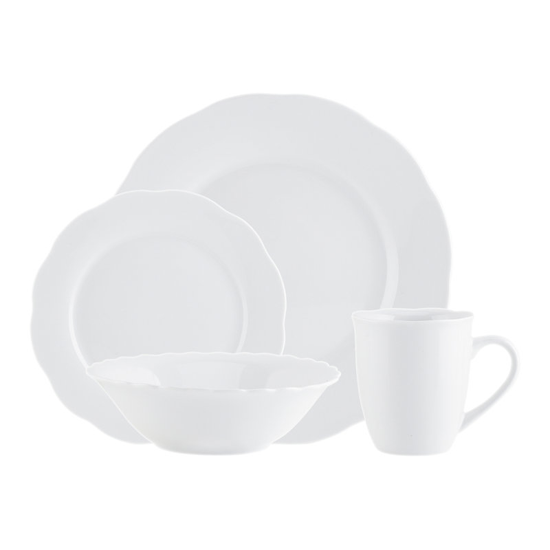 White Porcelain Scalloped 16-Piece Dinnerware Set, Service for 4